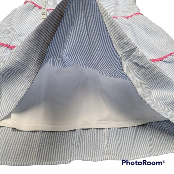 Andree By Unit Blue And White Pinstriped Pink Trim Ruffle Sleeve Baby Doll Dress - Picture 7 of 8